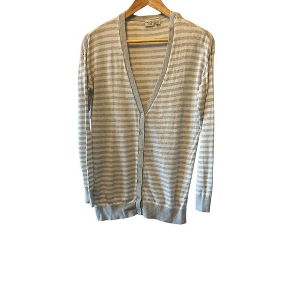 ESPRIT Lightweight Knit Grey & White Striped ButtonUp Long Sleeve Cardigan - Picture 1 of 10